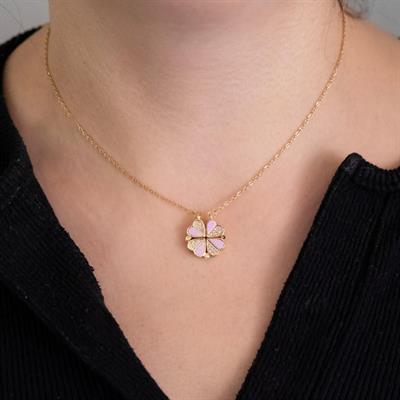 Altın Kaplama Zirkon Taşlı Pembe Açılabilir Yonca Kolye KLY-571