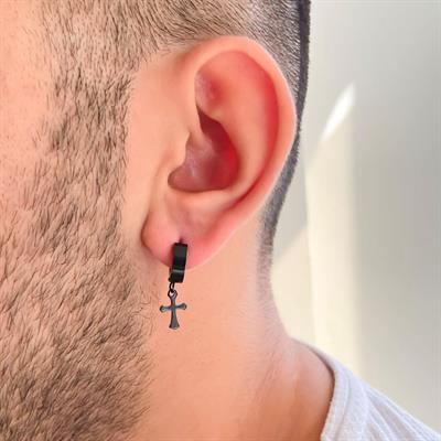 Çelik Halka Küpe Siyah Haç Model Sallantılı Küpe UNK-695