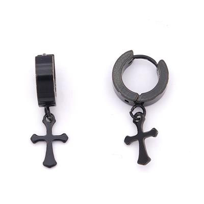 Çelik Halka Küpe Siyah Haç Model Sallantılı Küpe UNK-695