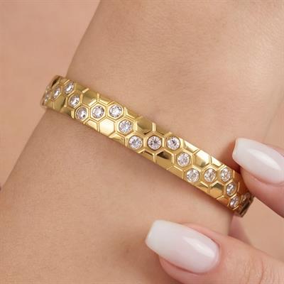 Çelik Kelepçe Bileklik Altın Kaplama Taşlı Model BLZ-528