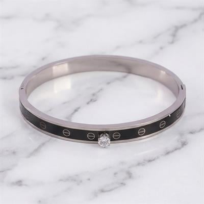 Çelik Kelepçe Bileklik Tek Taşlı Siyah Şerit BLZ-480