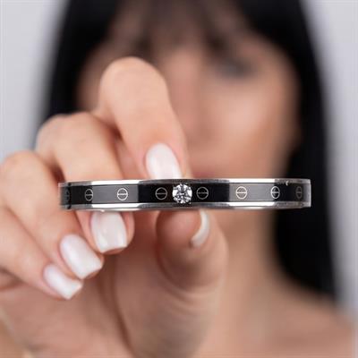 Çelik Kelepçe Bileklik Tek Taşlı Siyah Şerit BLZ-480