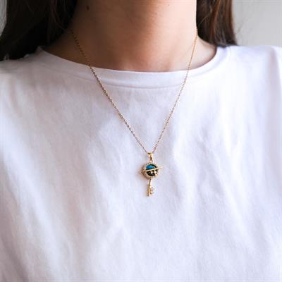 Çelik Kolye - Anahar Kolye Altın Kaplama - Mavi Taşlı Kolye KLY-588