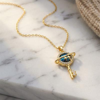 Çelik Kolye - Anahar Kolye Altın Kaplama - Mavi Taşlı Kolye KLY-588