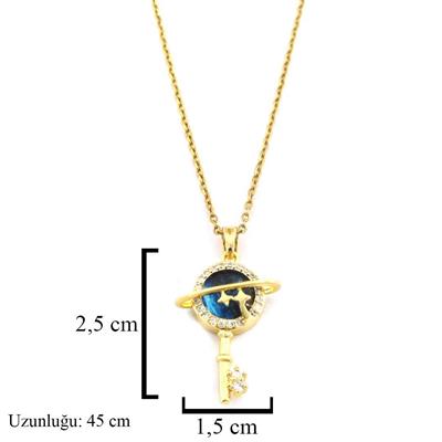 Çelik Kolye - Anahar Kolye Altın Kaplama - Mavi Taşlı Kolye KLY-588