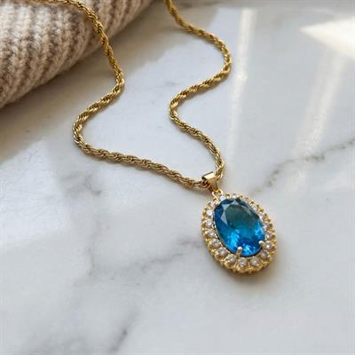 Çelik Kolye - Mavi Taş Kolye Altın Kaplama KLY-604