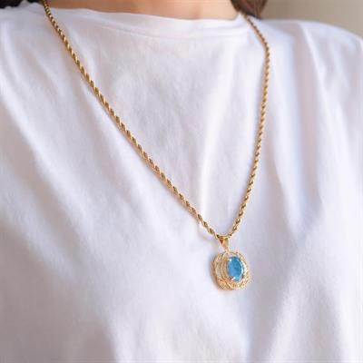 Çelik Kolye - Mavi Taş Kolye Altın Kaplama KLY-607