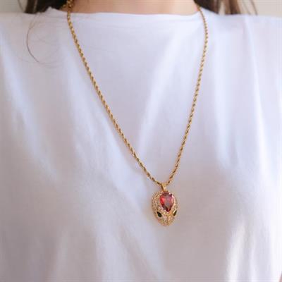 Çelik Kolye - Yılan Kolye Altın Kaplama - Kırmızı Taşlı Kolye KLY-603