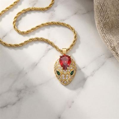 Çelik Kolye - Yılan Kolye Altın Kaplama - Kırmızı Taşlı Kolye KLY-603