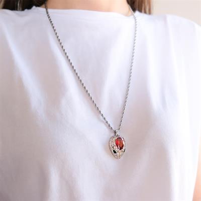 Çelik Koyle - Kırmızı Taşlı Kolye Paslanmaz Çelik KLY-608