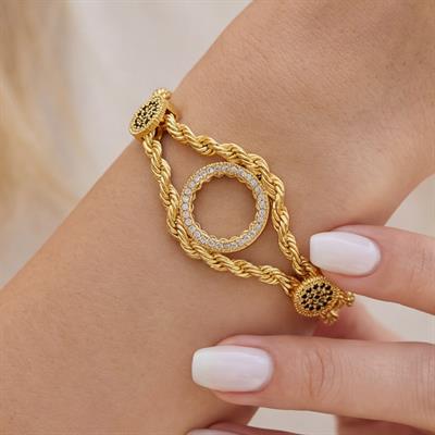 Çeyrek Altın Çerçeve Bileklik Çelik Altın Kaplama Nazar Boncuklu Model BLK-1067
