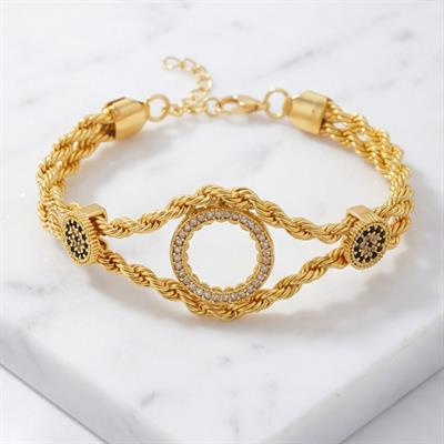 Çeyrek Altın Çerçeve Bileklik Çelik Altın Kaplama Nazar Boncuklu Model BLK-1067