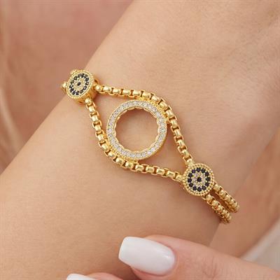 Çeyrek Altın Çerçeve Bileklik Çelik Altın Kaplama Nazar Boncuklu Model BLK-1070