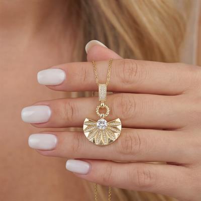 Paslanmaz Çelik Kadın Kolye, Altın Kaplama Yelpaze Kolye K-129