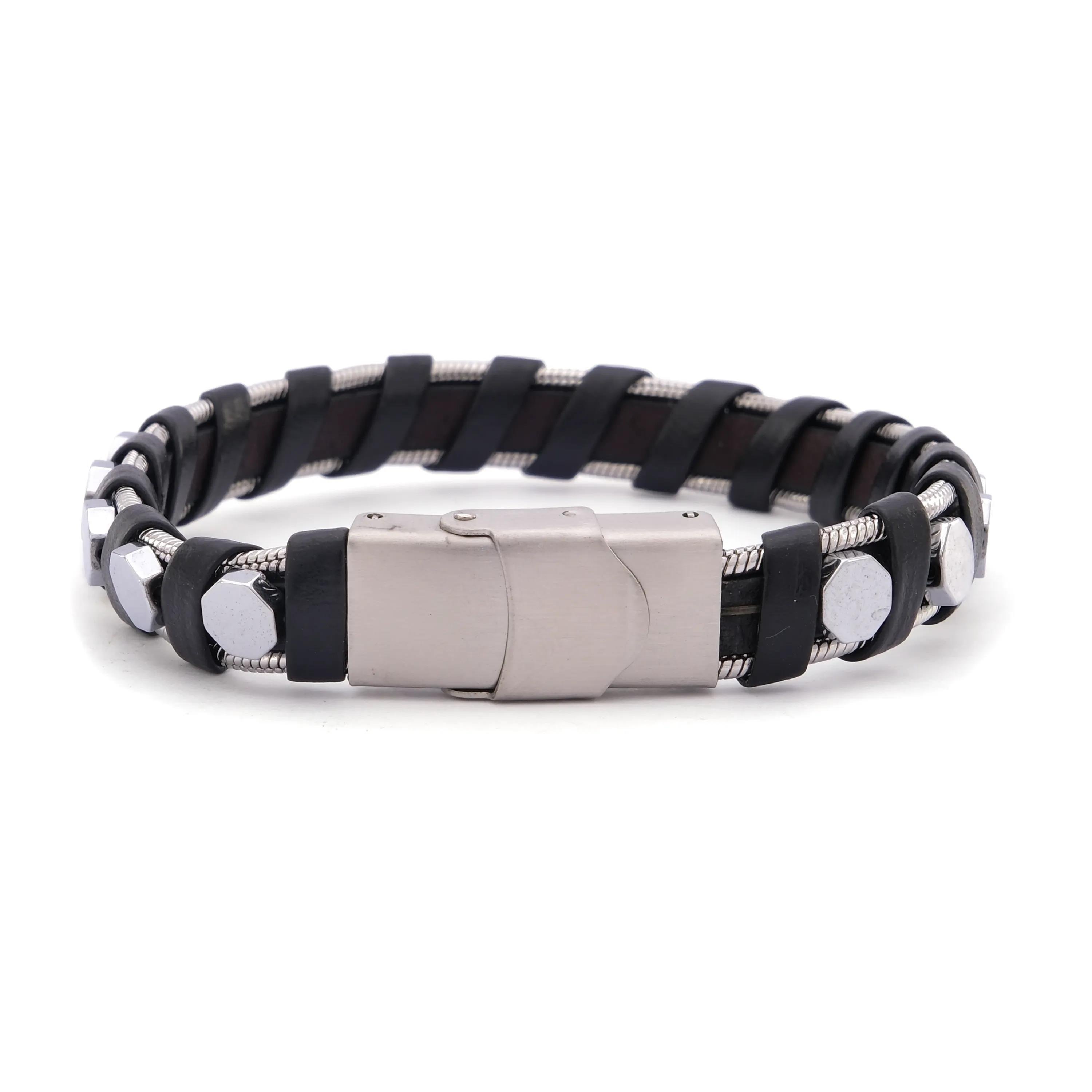 316L Çelik Deri Çift Renkli Erkek Spor Kelepçe Bileklik EBLK-450