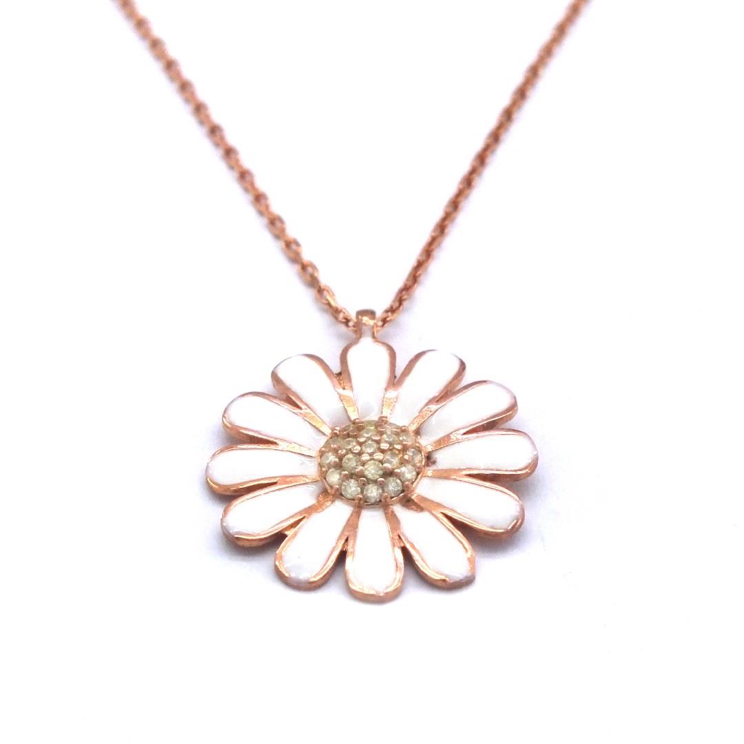 Zirkon Taşlı Beyaz Çiçek Rose Gümüş Kolye GK-216