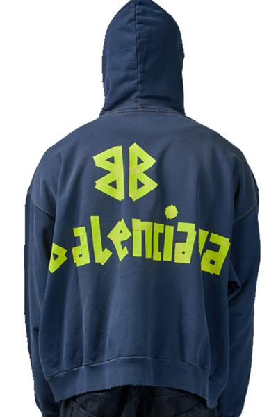 BALENCIAGA Tape Type Ripped Pocket Hoodie Oversized in Blue Faded