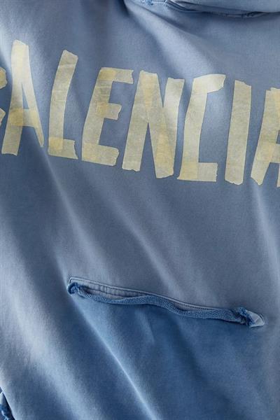 BALENCIAGA Tape Type Ripped Pocket Hoodie Oversized in Light Blue Faded