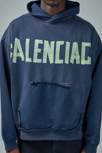 BALENCIAGA Tape Type Ripped Pocket Hoodie Oversized in Blue Faded