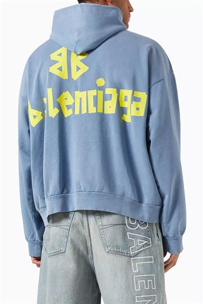 BALENCIAGA Tape Type Ripped Pocket Hoodie Oversized in Light Blue Faded