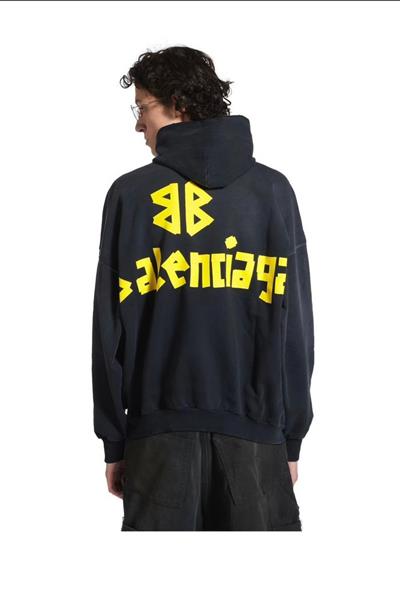 BALENCIAGA Tape Type Ripped Pocket Hoodie Oversized in Black Faded