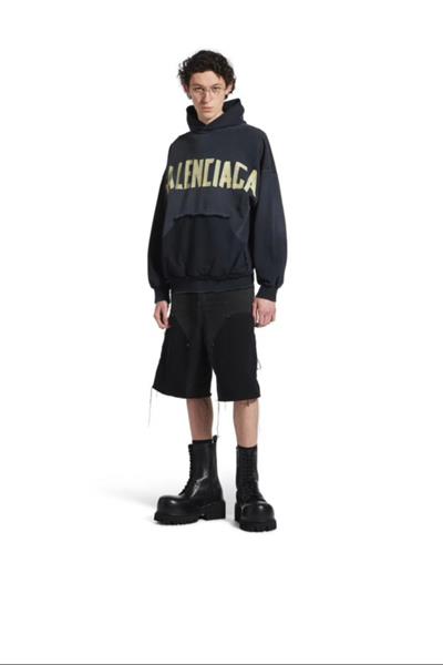 BALENCIAGA Tape Type Ripped Pocket Hoodie Oversized in Black Faded