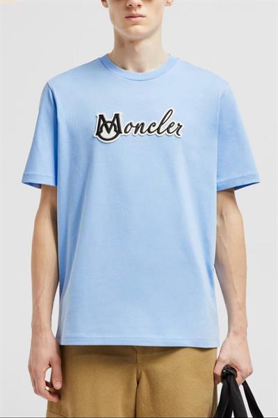 Moncler Embroidered Varsity Logo Cotton T-shirt Blue