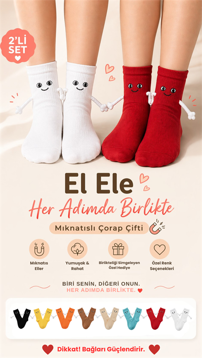 2li Beyaz Kırmızı El Ele Tutuşan Çorap seti
