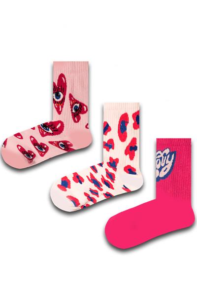 3lü Pembe Puantiyeli Renkli Çorap Set 