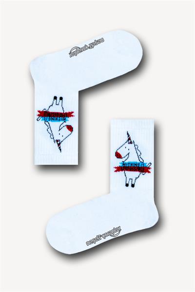 Beyaz Unicorn Desenli Atletik Unisex Çorap