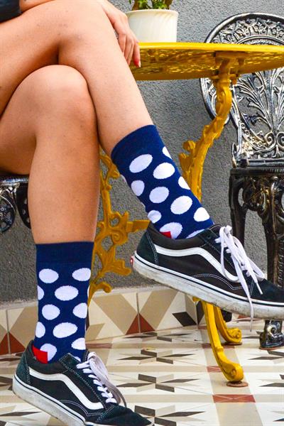 Lacivert Dots Desenli Unisex Kadın Çorap