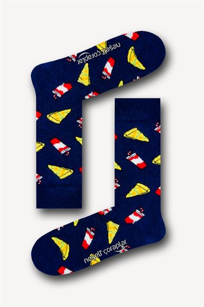 Lacivert Pizza Kola Desenli Renkli Unisex Çorap