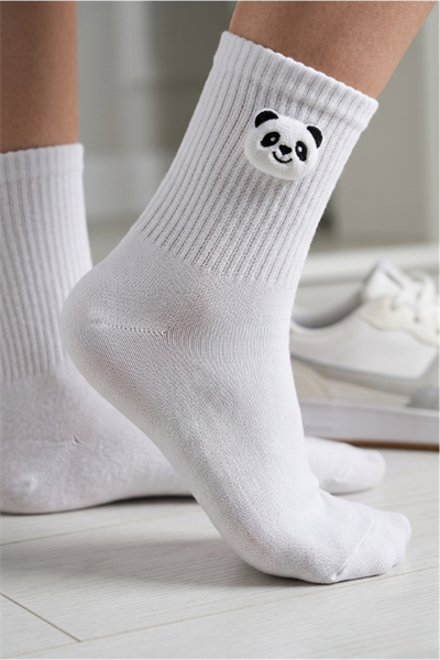 Panda Aksesuarlı Beyaz Unisex Atletik Çorap