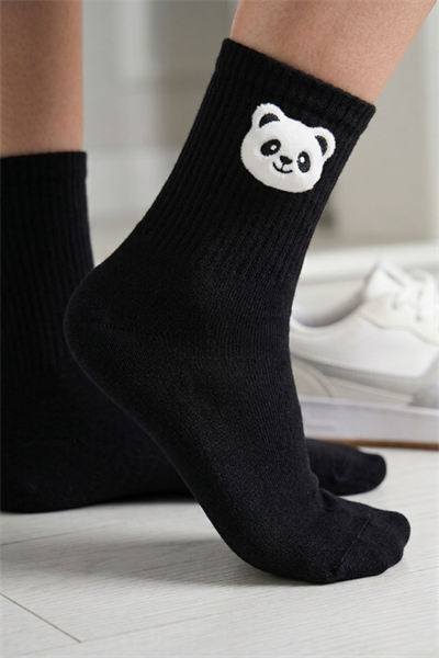 Panda Aksesuarlı Siyah Unisex Atletik Çorap