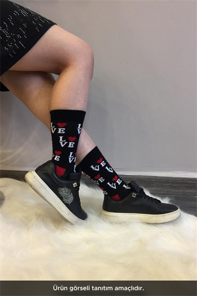 Siyah Love Desenli Renkli Unisex Çorap