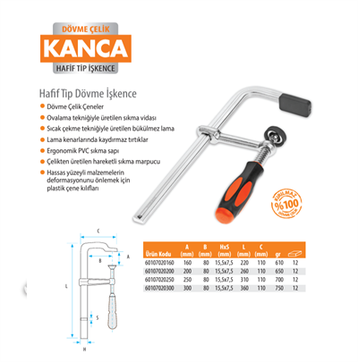 Kanca Leicht-Ganzstahl-Schraubzwinge 16 cm – 160x80 mm