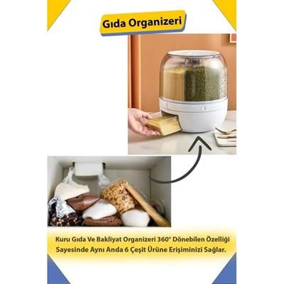 360° Dönebilen Kuru Gıda ve Bakliyat Organizeri 6 Bölmeli Hava Geçirmez Saklama Kabı 6 Lt