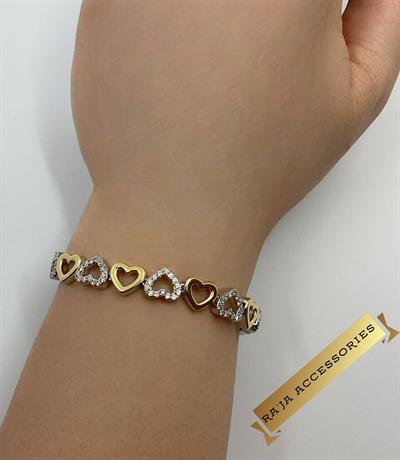 Silver Gold Zirkon Taş Kalp Bileklik