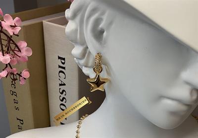 Zirkon Taşlı Gold Balon Yıldız Sallantılı Küpe