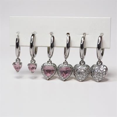 Özel Seri 6lı Pembe Zirkon Kalp Figürlü Silver Küpeler