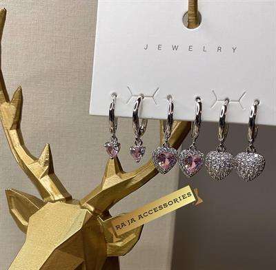 Özel Seri 6lı Pembe Zirkon Kalp Figürlü Silver Küpeler