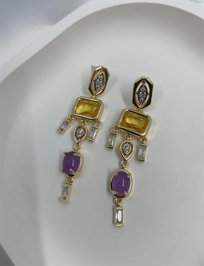 Özel Seri Sarı Mor Taşlı Sallantılı Küpe