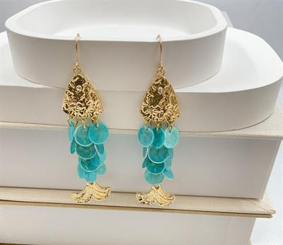 Mavi Pullu Gold Sallantılı Balık Küpe