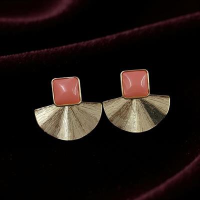 Gold Turuncu Kare Taşlı Yelpaze Küpe