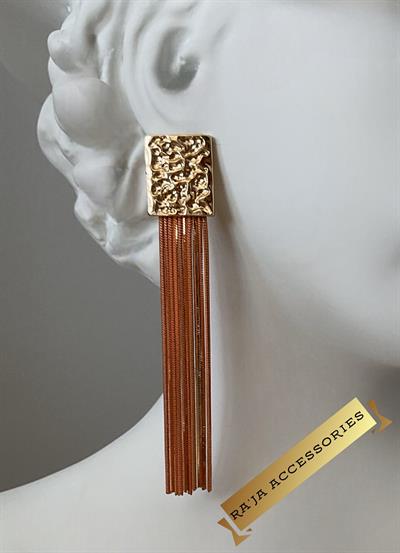 Kare Gold Detaylı Rose Yaldızlı Zincir Tasarım Küpe