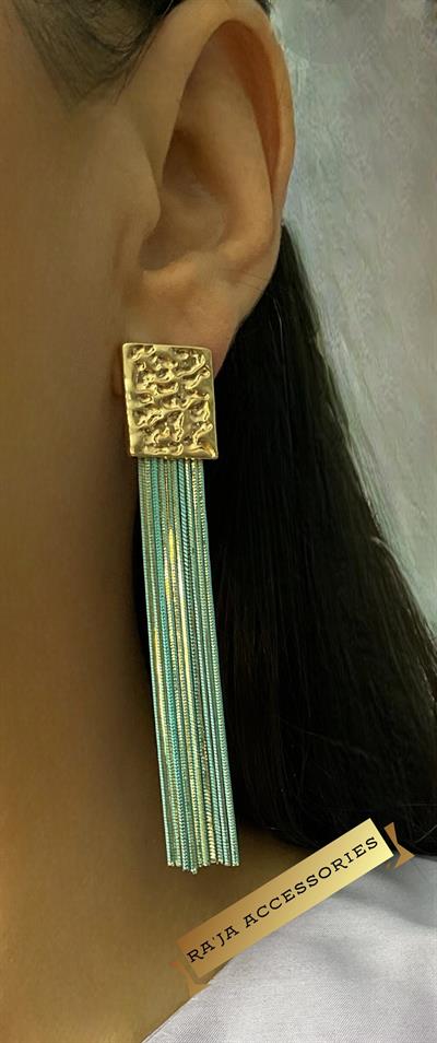 Kare Gold Detaylı Mint Yaldızlı Zincir Tasarım Küpe