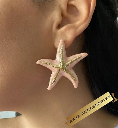 Gold Detaylı Deniz Yıldızı Açık Pembe Tasarım Küpe