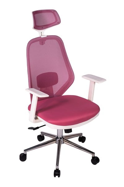 Ofisbazaar Dali Beyaz Fileli Yönetici Koltuğu | Ergonomik Başlıklı Ofis Koltuğu Pembe