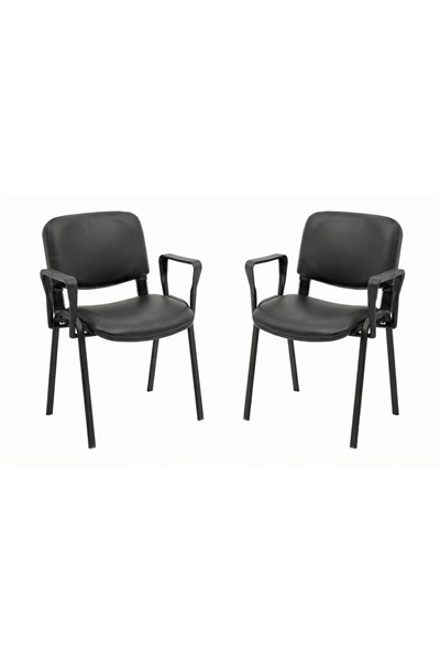 Ofisbazaar Form Siyah Deri Kolçaklı Misafir Sandalyesi 2li Set | Metal Ayaklı Ergonomik Bekleme Sandalyesi Siyah