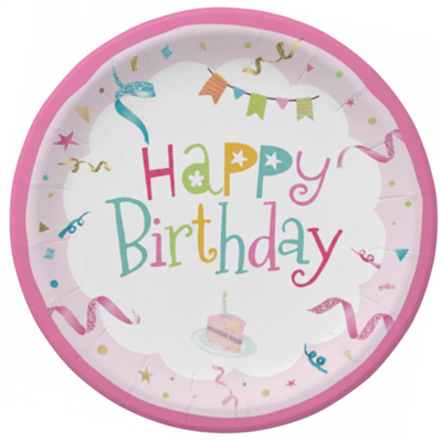Pembe Renkli Happy Birthday Karton Parti Tabağı (23 cm – 8'li Paket)